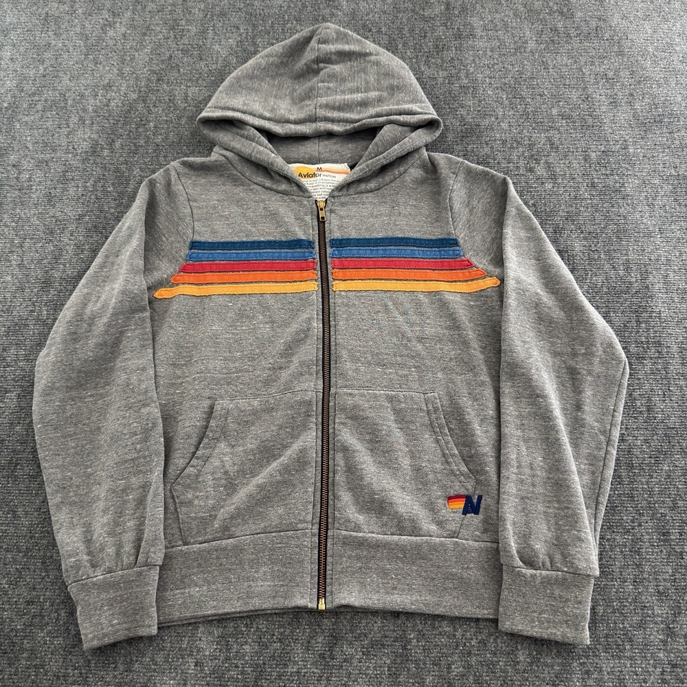 Aviator Nation 5 Stripe Hoodie Women Size Medium Made In USA Heathered Gray
